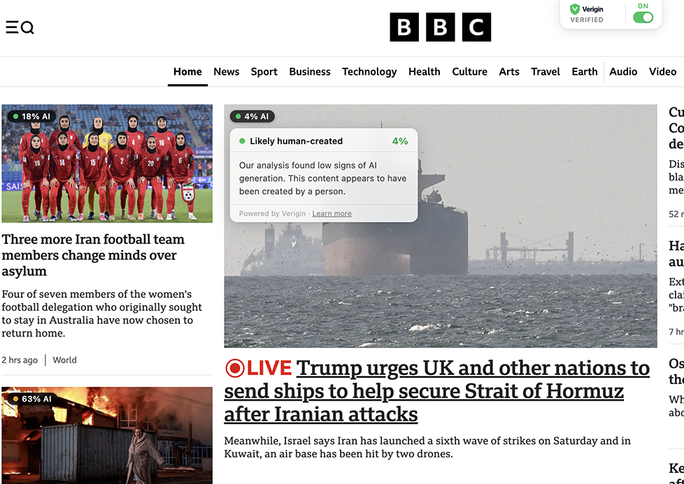 Verigin badges on BBC News — showing origin scores on articles and images