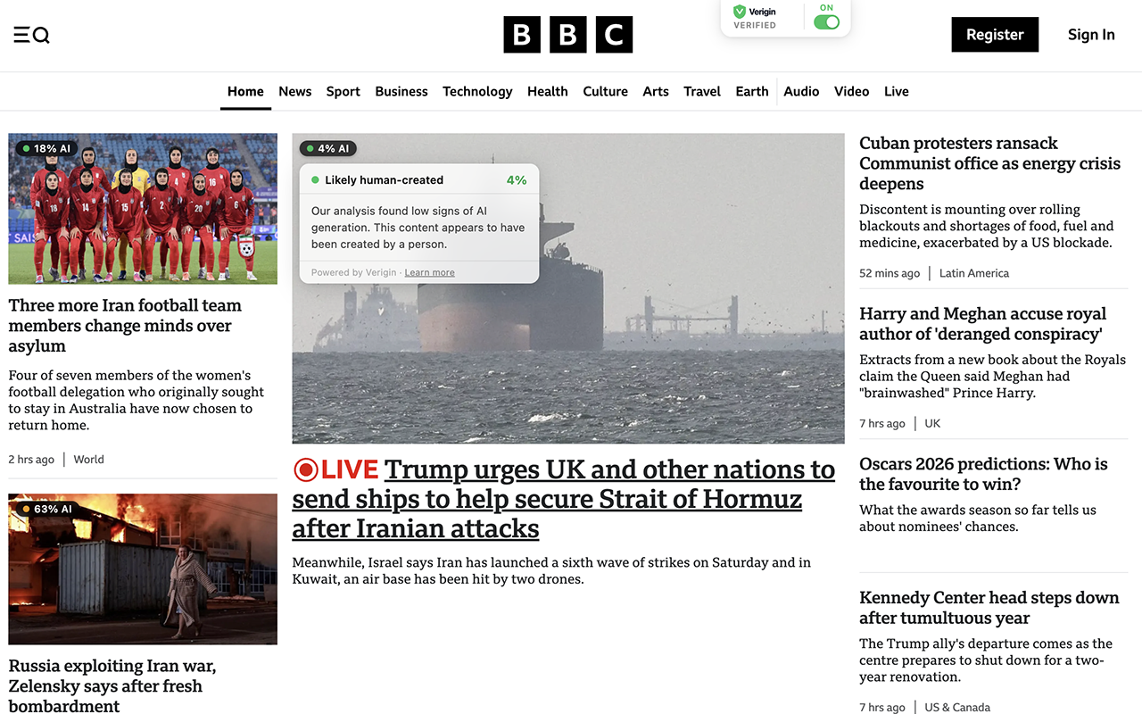 Verigin running on BBC News — showing origin badges on articles