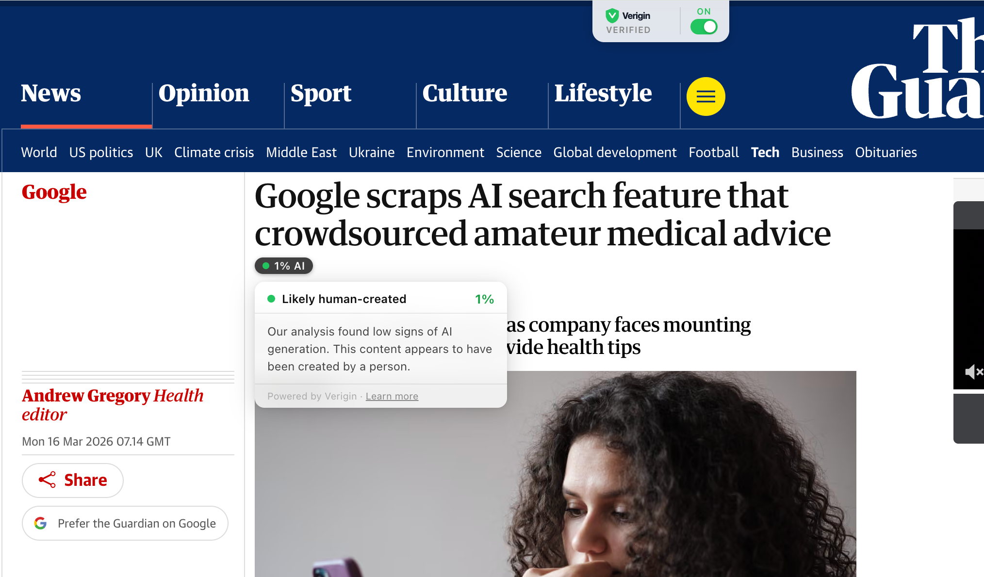 Verigin badge on The Guardian — showing 1% AI score on a human-written article