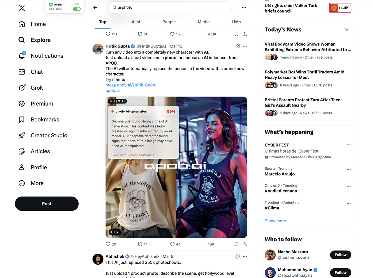 Verigin running on X — showing 99% AI badge on a tweet image